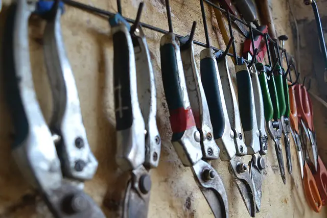 Image of hand pruners and shears hanging in a shed.