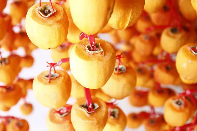Image of peeled yellow, oblong persimmons hanging from red metal rods, drying into hoshigaki.